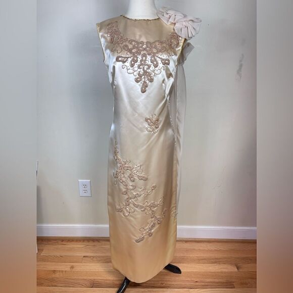 1940s Handmade Silk Beaded Ruffled Shoulder Gown - Picture 1 of 9